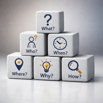 Question Cubes of Insight: A visual representation of inquiry, with stacked cubes displaying Who, What, When, Where, Why, and How, fostering contemplation and curiosity.