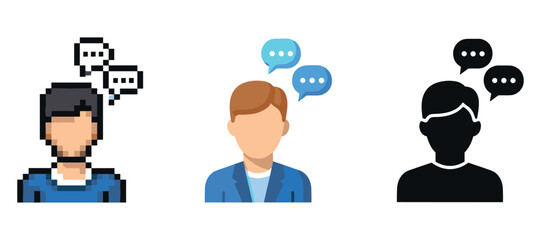 Fototapeta premium Three diverse male avatars with speech bubbles: pixelated, flat, and silhouette styles