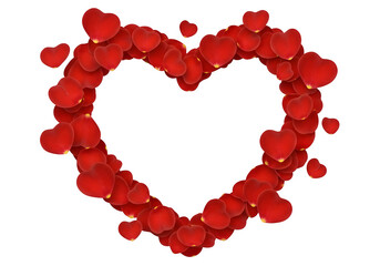 Obraz premium Romantic Valentine background with red heart petals. Elegant love design perfect for cards, banners, overlays, and celebrations, isolated on white or transparent background. PNG format.