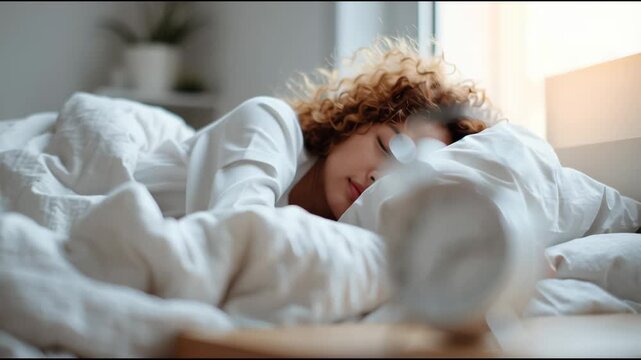 White Plastic Alarm Clock Shows Morning Time as a Person Wakes up From Sleep