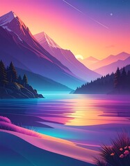 Vibrant Mountain Lake Sunset - A Colorful Landscape Painting.