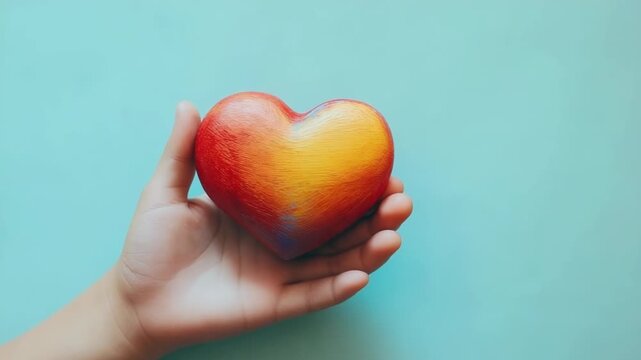 Kid's hand with puzzle heart, light blue background. World Autism Awareness Day concept with a focus on support.