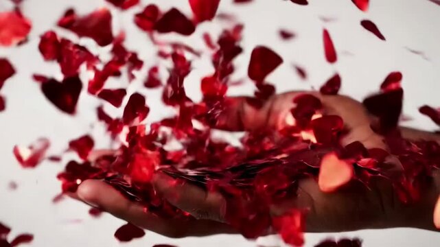 handful throws a of red shape heart confetti during a Valentine's day celebration on clean white background