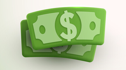 Two stylized green dollar bills with a prominent dollar sign. A modern 3D icon representing money and finance.