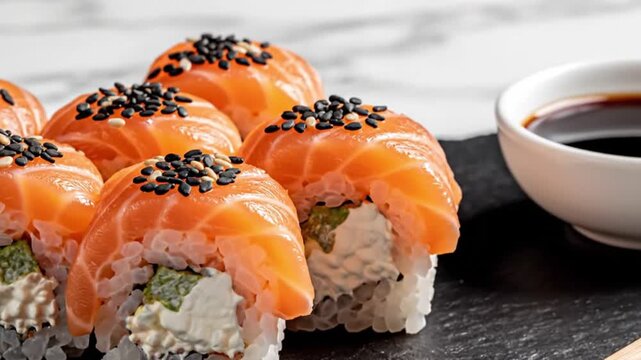 Deliciously prepared Philadelphia sushi rolls featuring vibrant orange salmon draped over creamy cheese filling, meticulously sprinkled with dark sesame seeds.
