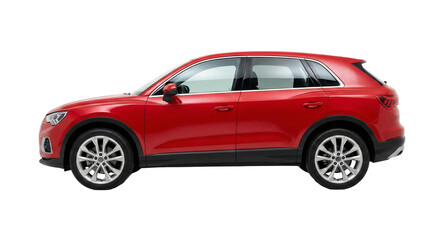 Naklejka premium Sleek Red Premium Compact SUV, side profile view showcasing its vibrant paint and modern design with silver alloy wheels, isolated on transparent background for automotive, transport, and luxury proje