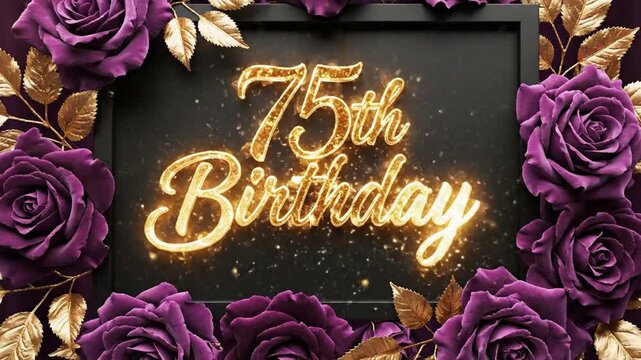 75th Birthday Celebration Background with Purple Roses and Gold Leaves Luxury Greeting Card Template for Special Occasions and Events