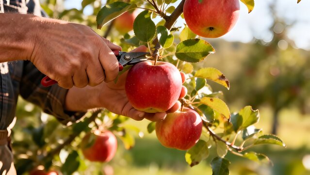 Close-up of farmer hands picking ripe red apples from a tree in an orchard. Image represents fresh fruit harvesting, sustainable agriculture, and natural food production.