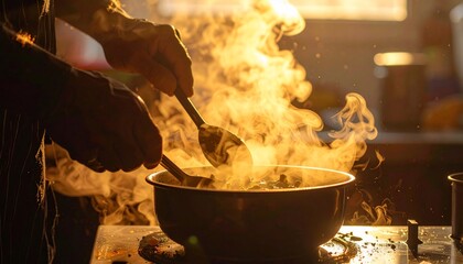 Close-up of a person's hands stirring food in a pot, surrounded by steam and light