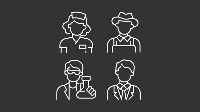 Different professions animation set. Careers animated white line icons. Healthcare workers, farming workforce. Laboratory research. Isolated elements on dark background. Alpha channel HD video