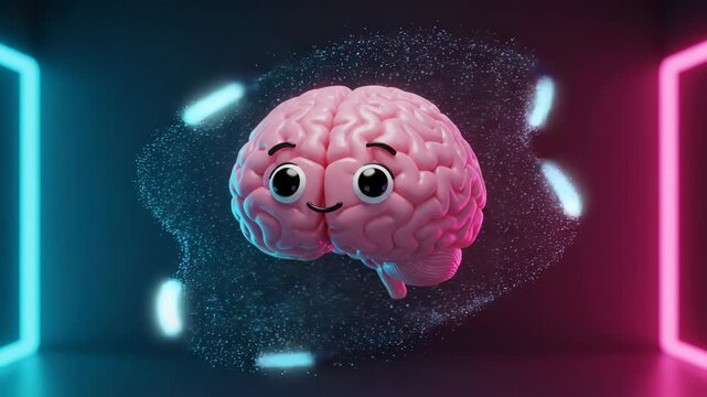 Rendered Pink Brain Anatomy Surrounded by Glowing Particles Between Neon Blue and Pink Lights on Dark Background