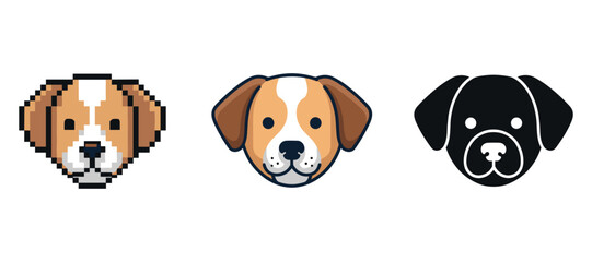 Obraz premium Pixelated, cartoon, and silhouette dog faces: three distinct canine styles