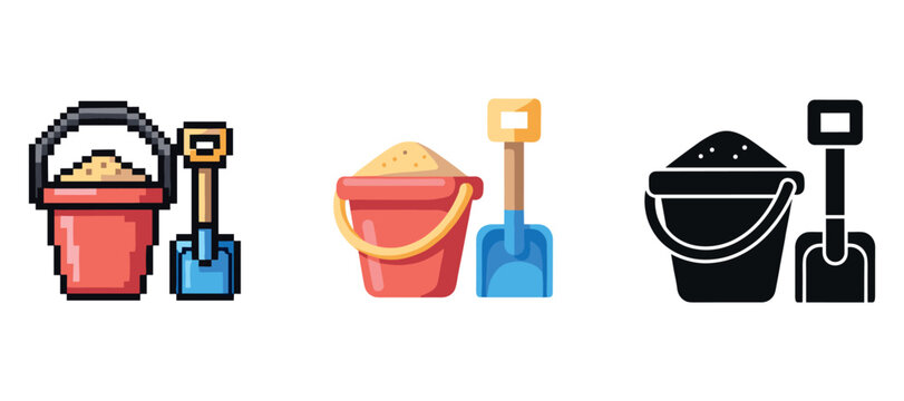 Colorful sand buckets and shovels in pixel, flat, and silhouette styles