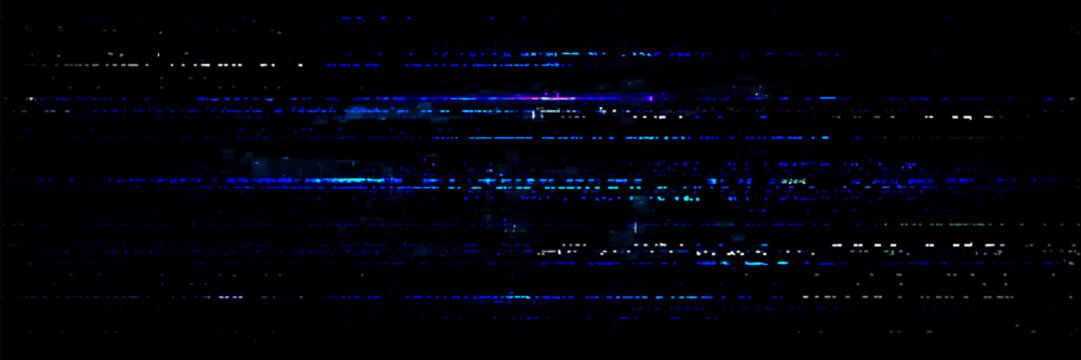Digital glitch texture with pixelated noise effect. Vector realistic illustration of abstract video rewind pattern on black screen background, static noise overlay, retro tv display, signal distortion