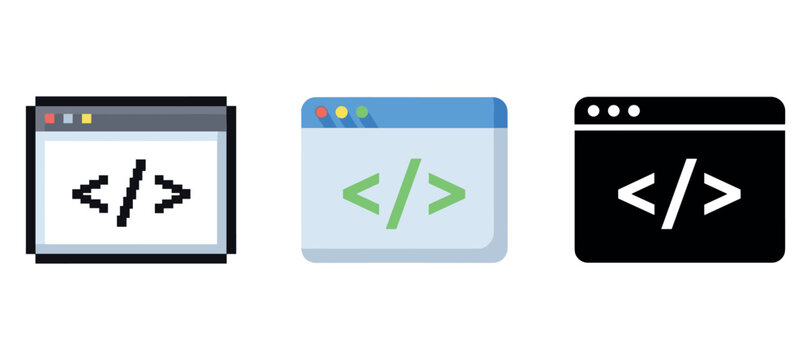 Html code icon set depicting web development in various styles