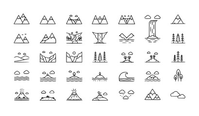 Landscape thin line icons vector set with editable stroke nature scenery symbols © Lipi
