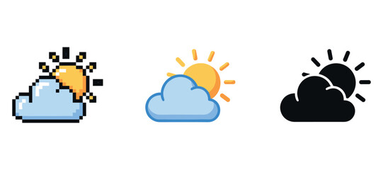 Obraz premium Pixelated and modern weather icons: sun and cloud variations
