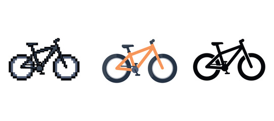 Fototapeta premium Three stylized bicycle icons: pixelated, orange geometric, and simplified black silhouette