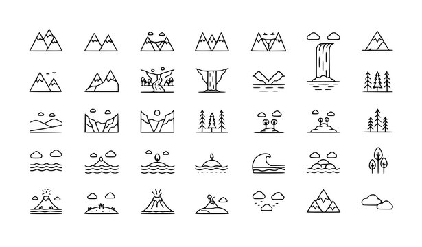 Landscape thin line icons vector set with editable stroke nature scenery symbols