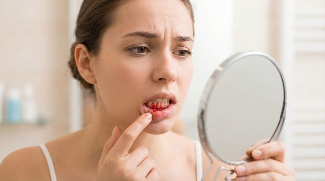 Young woman examining bleeding gums in a hand mirror concerned facial expression