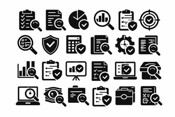 Collection of analysis and evaluation icons for reports and data verification