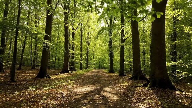Forest path with sun dappled leaves and tall trees leading into a bright green woodland, showing natures serene beauty.