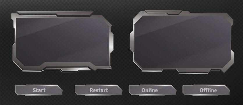 Futuristic ui HUD frames and tech buttons set isolated on transparent background. Vector realistic illustration of silver chrome web stream interface, design elements, metal borders for cyberpunk menu