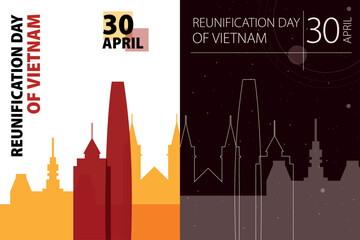 Naklejka premium Vietnam Reunification Day poster pack. Vector illustrations with Ho Chi Minh city skyline and landmarks shape for holiday card, print, event, brochure. Modern template