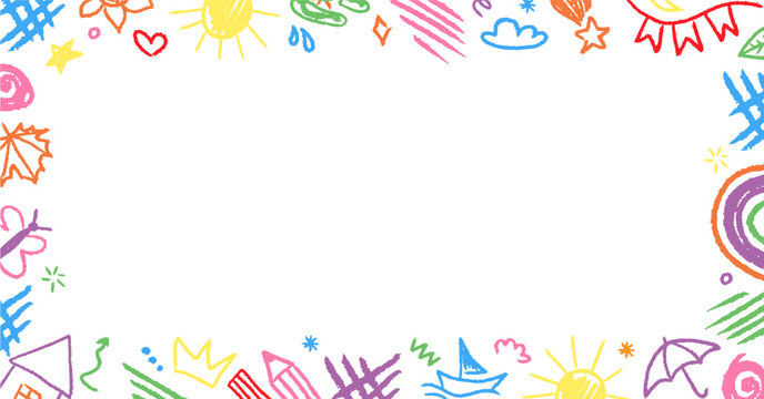 Colorful crayon border frame with playful elements. Ideal for kindergarten worksheets, kids graphics and cheerful designs.