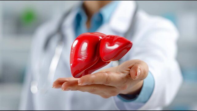 Doctor Shows Red Liver Cutout to Explain Liver Functions and Health in Hospital Setting During Medical Presentation