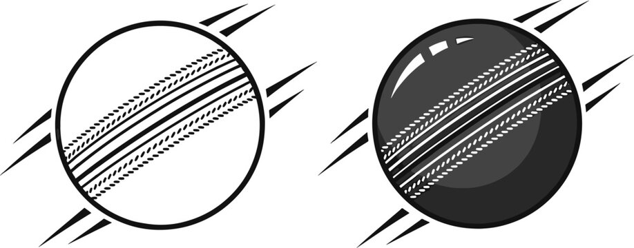 Cricket ball in circle with speed lines, sport equipment, black vector icon