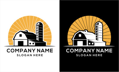 Rustic Farmhouse and Silo with Radiant Sun Logo Design. © fafa