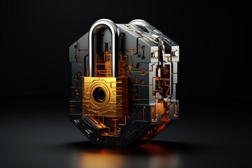 Naklejka premium Cybersecurity concept illustrated by closed padlock securing complex technological device, emphasizing digital data protection