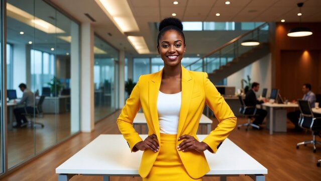 Confident african female adult in yellow suit leading modern office meeting