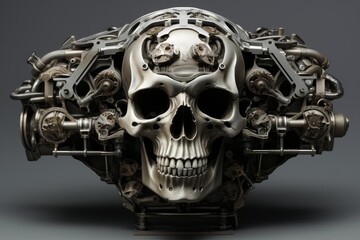 Intricate metal components forming a skull shaped engine, blending organic and mechanical elements