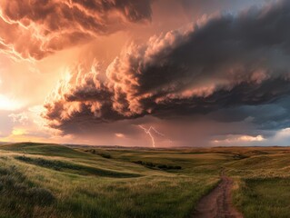 Storm clouds gather over green fields with lightning visible in the distance during sunset
