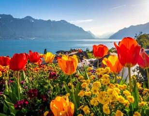 Vibrant Tulips Overlooking Lake Geneva and the Alps.