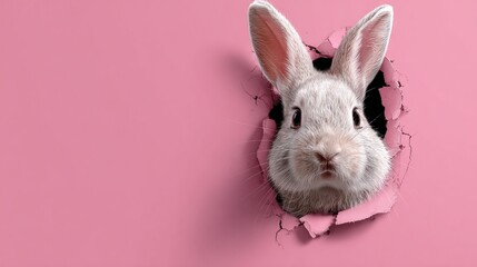 Fototapeta premium A white rabbit peeking through a hole in a pink background, symbolizing Easter or springtime