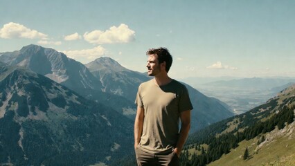 Fototapeta premium Young caucasian male enjoying mountain view under clear sky