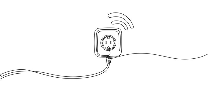 Minimalist smart plug illustration with wireless connectivity symbol. Non editable stroke