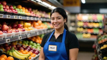Obraz premium Hispanic female adult in grocery store fruit aisle smiling with blue apron