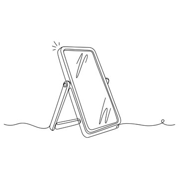 Minimalist standing rectangular mirror with wireframe illustration. Non editable stroke