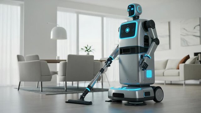 Gray Robot Vacuuming A Living Room With Modern Furniture White Walls Natural Light Autonomous Cleaning Smart Home Technology For Adobe Stock