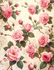Vintage Pink Roses Floral Pattern Background.