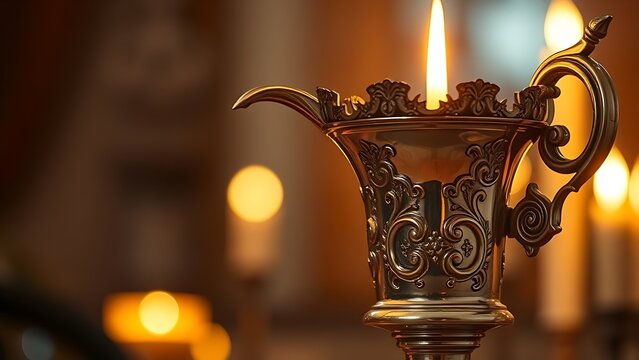 flagon. Ornate silver flagon reflecting candlelight with slight tilt, warm golden tones. bar promotions, beverage menus, designed for food & beverage menus and cafe branding.