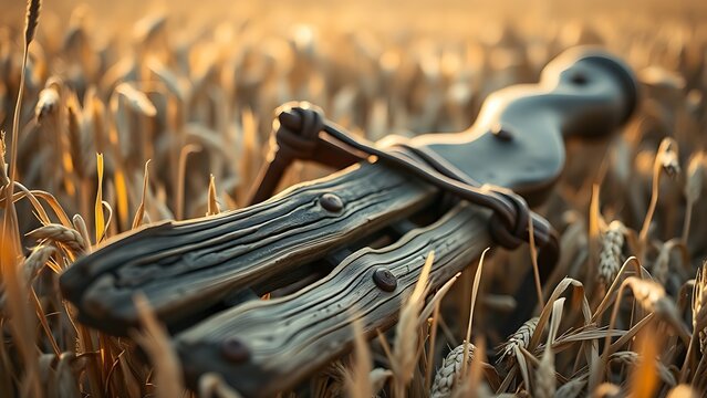 flail. An old, worn flail discarded in a wheat field with textured wood and leather. safety posters, maintenance manuals, designed for precision metalworking and fabrication facilities.