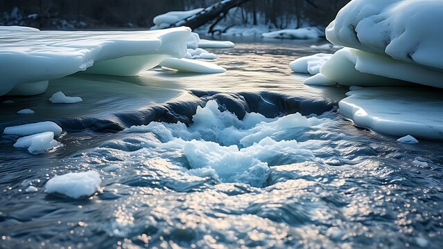 verglas. Landscape of a melting river breaking through ice in morning light. travel magazines, destination branding, designed for outdoor magazines and nature guides, drives exploration.