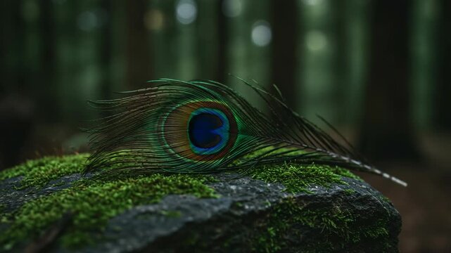 Vibrant Peacock Feather on Mossy Rock in Dark Forest
