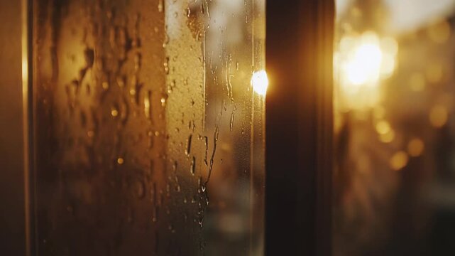 Raindrops adhering to a translucent glass creating a texture in the foreground, with warm sun flair and glowing bokeh lights blurring in the golden background, evoking a cozy and atmospheric mood
