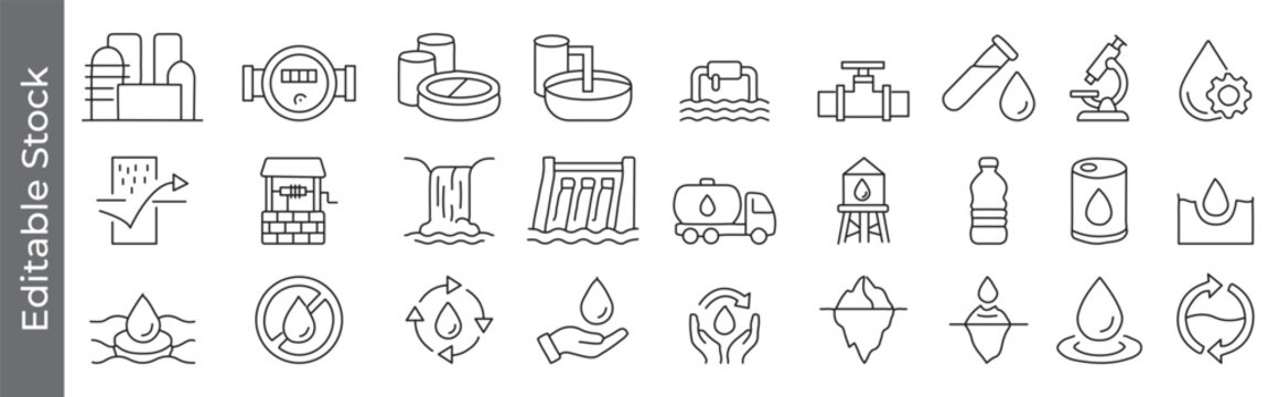 Water treatment and supply icon set &ndash; editable outline symbols of purification, laboratory analysis, storage, filtration, reservoir, recycling, water drop and infrastructure